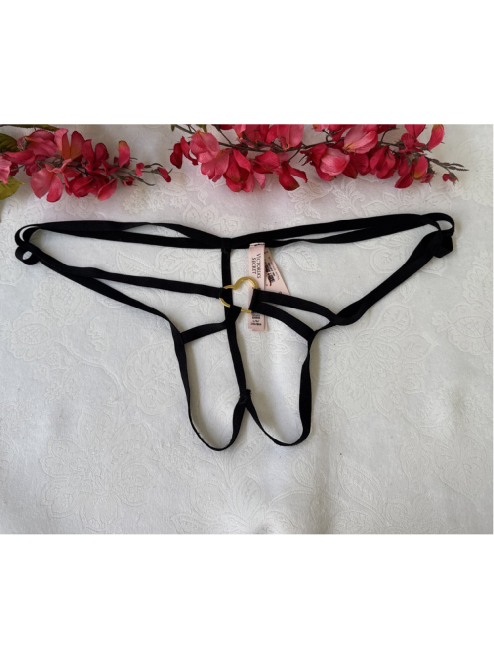 Victoria Secret Very Sexy Crotchless Heart Ware Black Gold Heart Cage M Panties